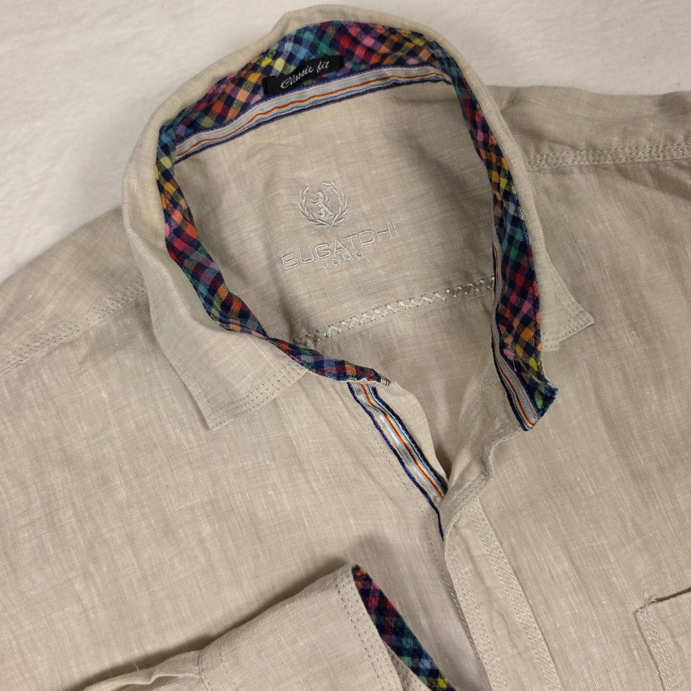Bugatchi Classic Fit Beige 100% Linen Flip-cuff Long Sleeved Shirt